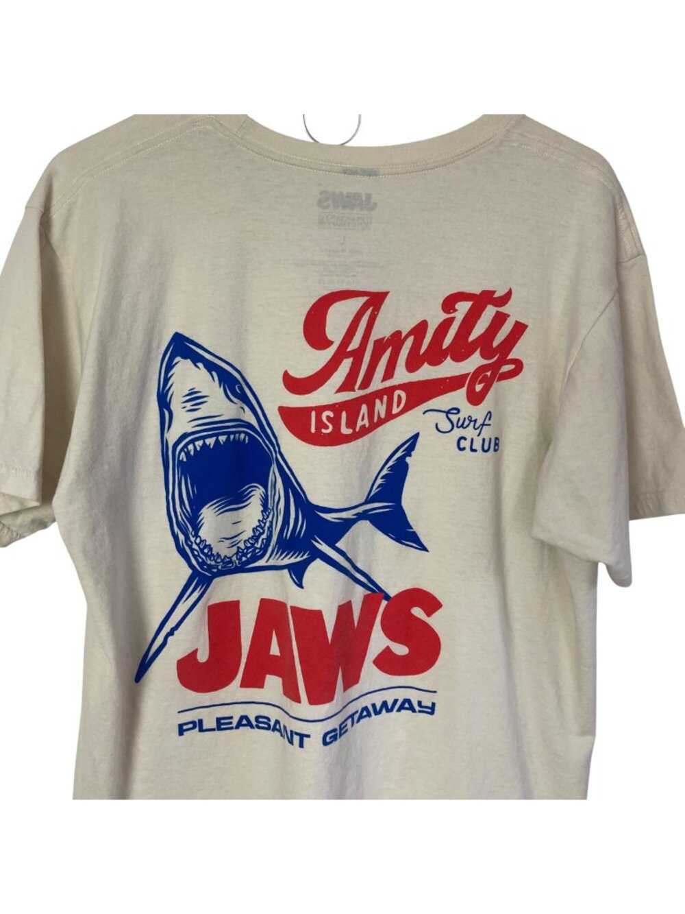 Jaws x Pleasant Getaway Graphic T Shirt Mens Large Amity Island Surf Club Beige